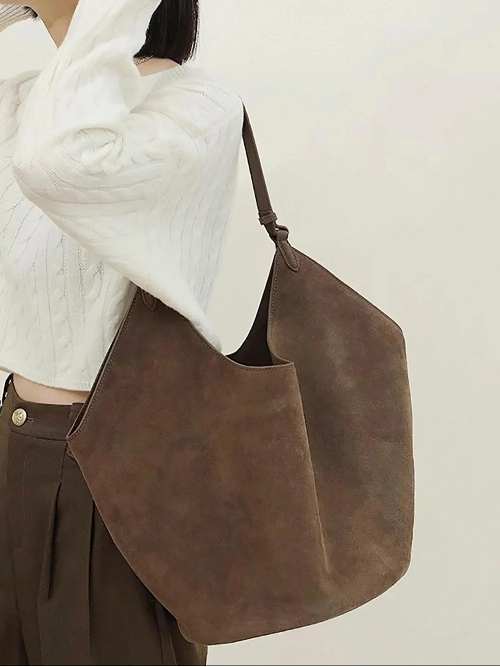 Everyday Brown Suede Shoulder Tote - Women Bags - Picture 5 of 6